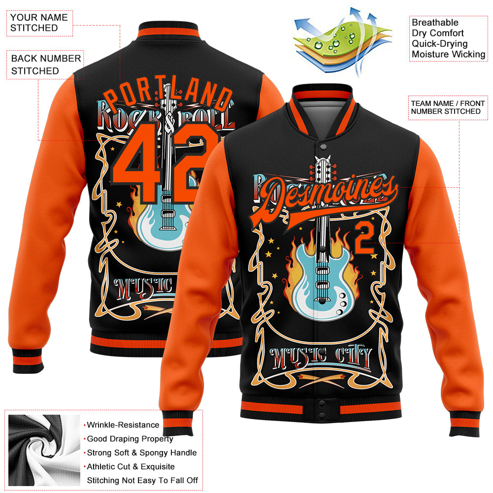Custom Black Orange Vintage Rock Roll Music Festival 3D Pattern Design Bomber Full-Snap Varsity Letterman Jacket