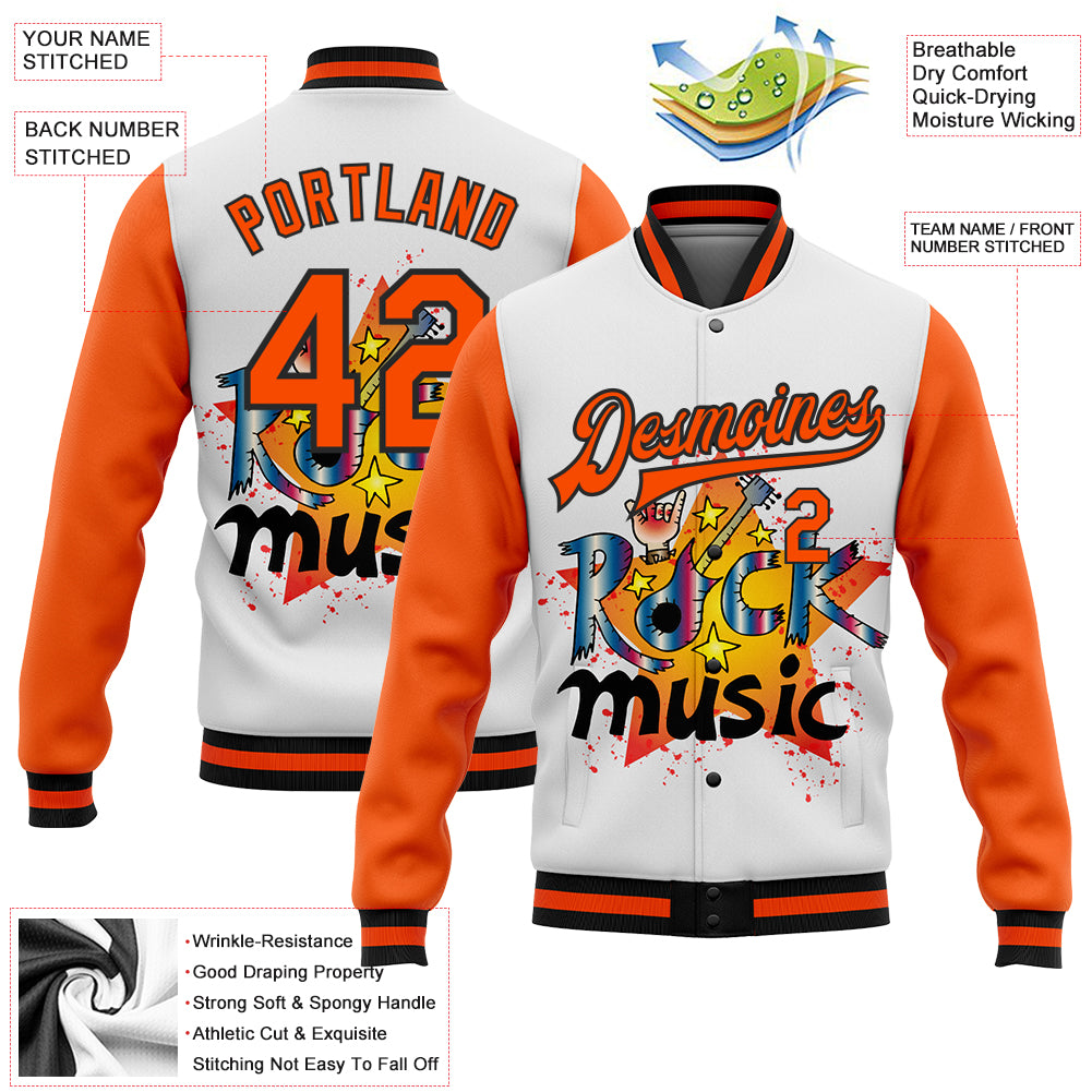 Custom White Orange-Black Rock Music Festival 3D Pattern Design Bomber Full-Snap Varsity Letterman Jacket