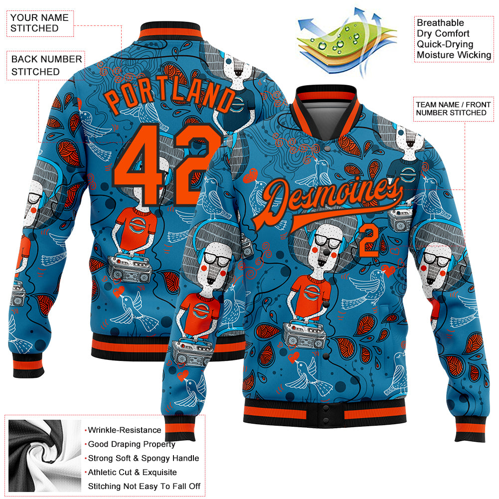 Custom Powder Blue Orange-Black Casual Music Festival 3D Pattern Design Bomber Full-Snap Varsity Letterman Jacket