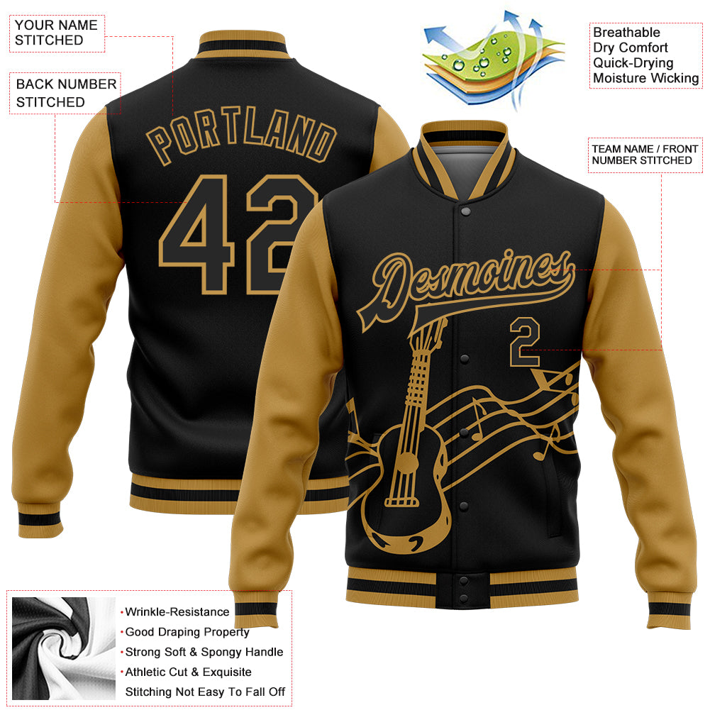 Custom Black Old Gold Guitar Music Festival 3D Pattern Design Bomber Full-Snap Varsity Letterman Jacket