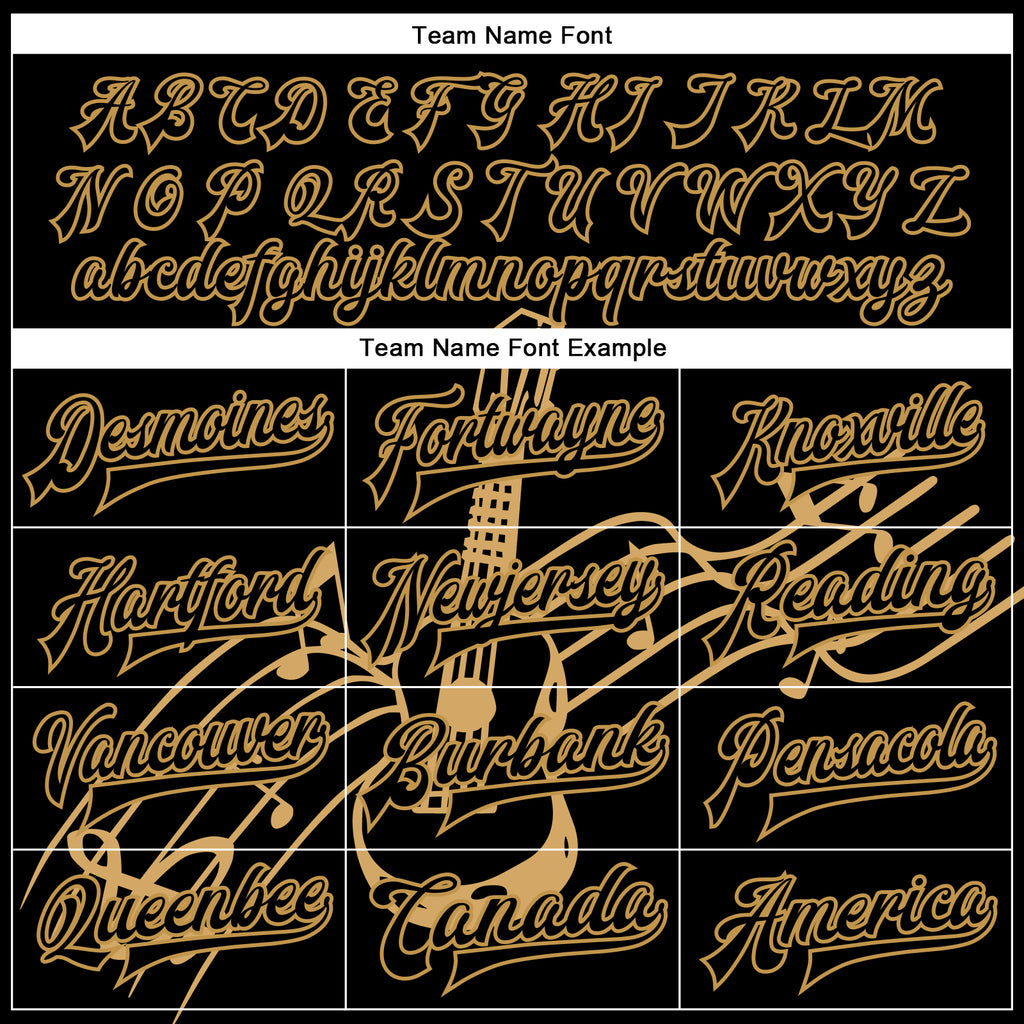 Custom Black Old Gold Guitar Music Festival 3D Pattern Design Bomber Full-Snap Varsity Letterman Jacket