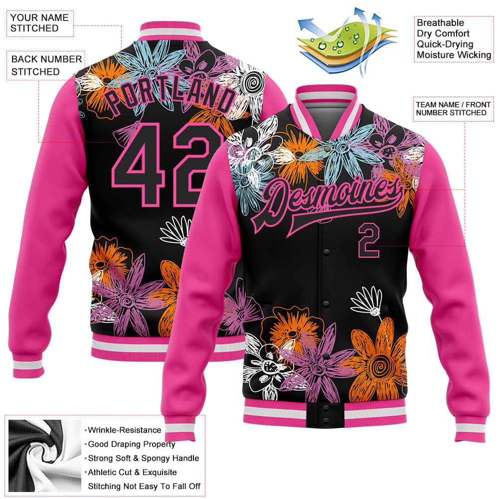 Custom Black Pink Flowers 3D Pattern Design Bomber Full-Snap Varsity Letterman Jacket