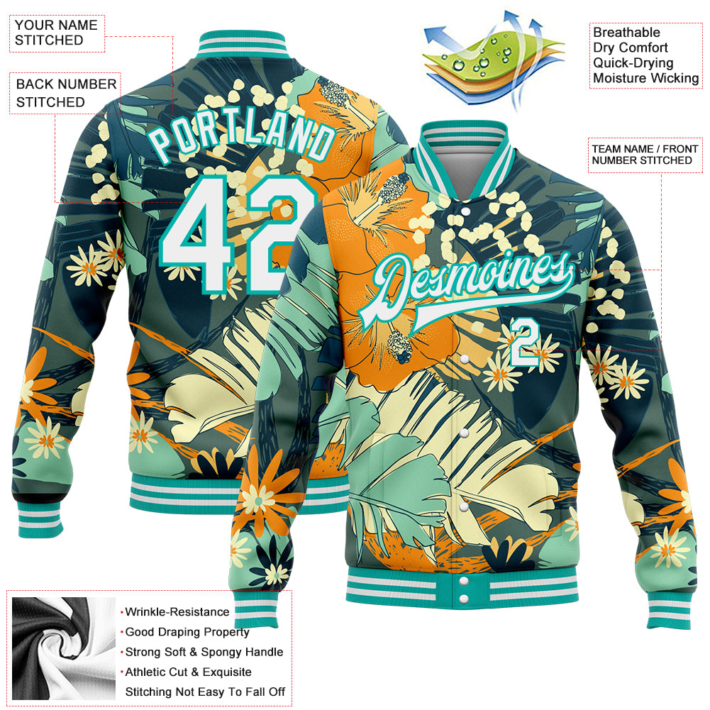 Custom Navy White-Aqua Flowers 3D Pattern Design Bomber Full-Snap Varsity Letterman Jacket