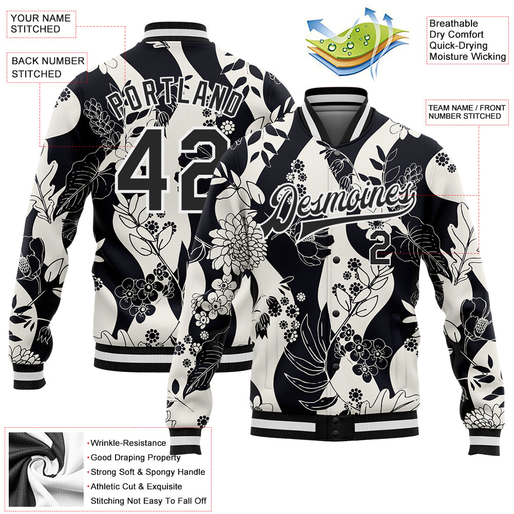 Custom Black White Floral Wave 3D Pattern Design Bomber Full-Snap Varsity Letterman Jacket