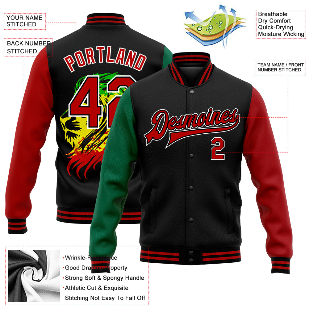 Custom Black Red-Kelly Green Black History Month Lion 3D Pattern Design Bomber Full-Snap Varsity Letterman Jacket