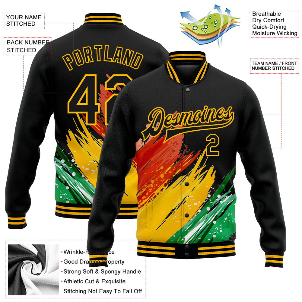 Custom Black Gold Red-Kelly Green Black History Month 3D Pattern Design Bomber Full-Snap Varsity Letterman Jacket