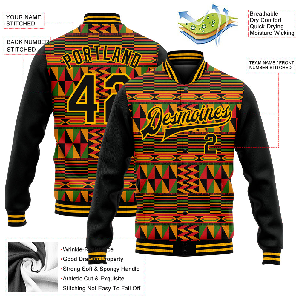 Custom Black Gold Red-Kelly Green Black History Month 3D Pattern Design Bomber Full-Snap Varsity Letterman Jacket