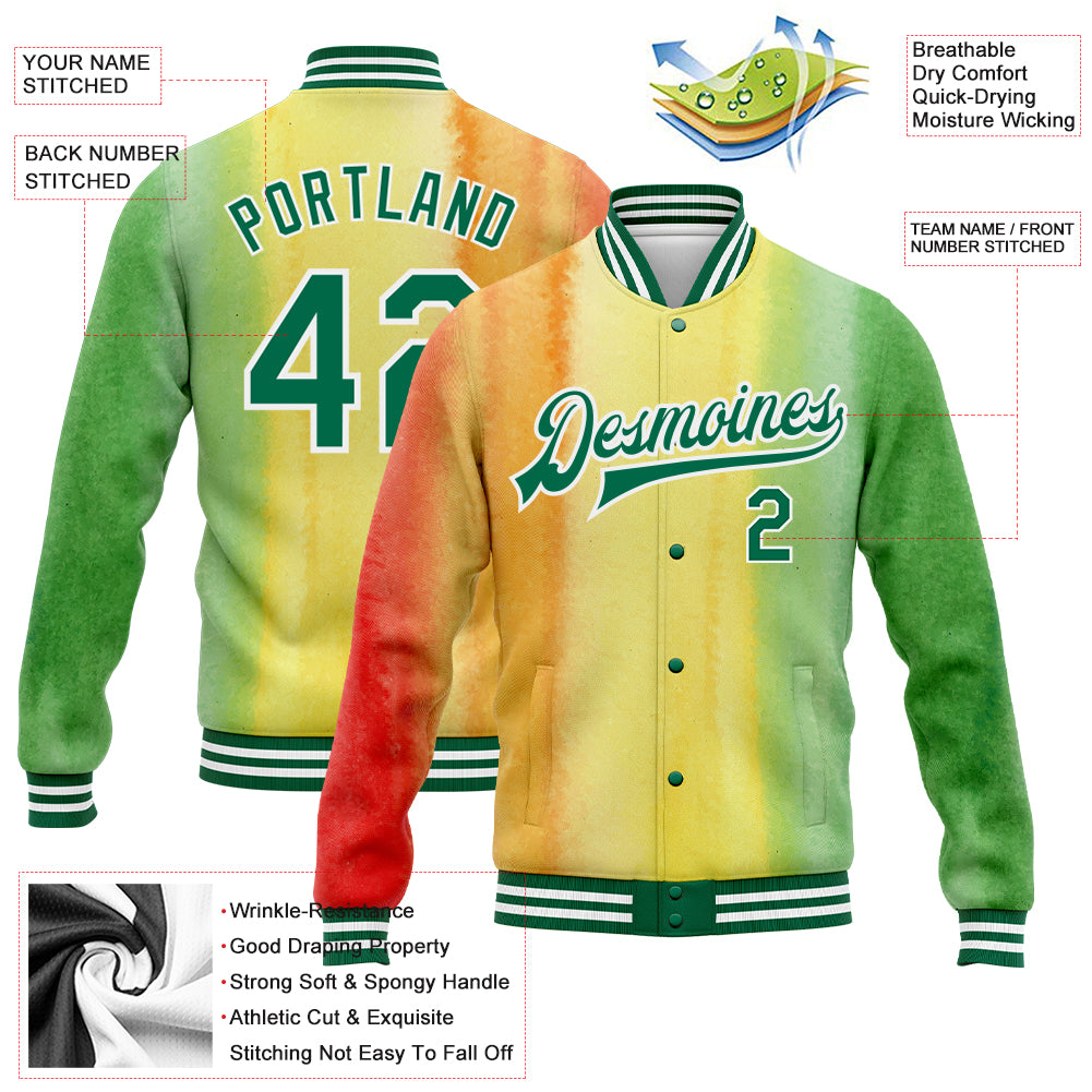 Custom Gold Kelly Green-Red Black History Month 3D Pattern Design Bomber Full-Snap Varsity Letterman Jacket