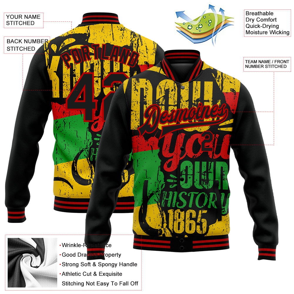 Custom Black Red Gold-Kelly Green Black History Month 3D Pattern Design Bomber Full-Snap Varsity Letterman Jacket