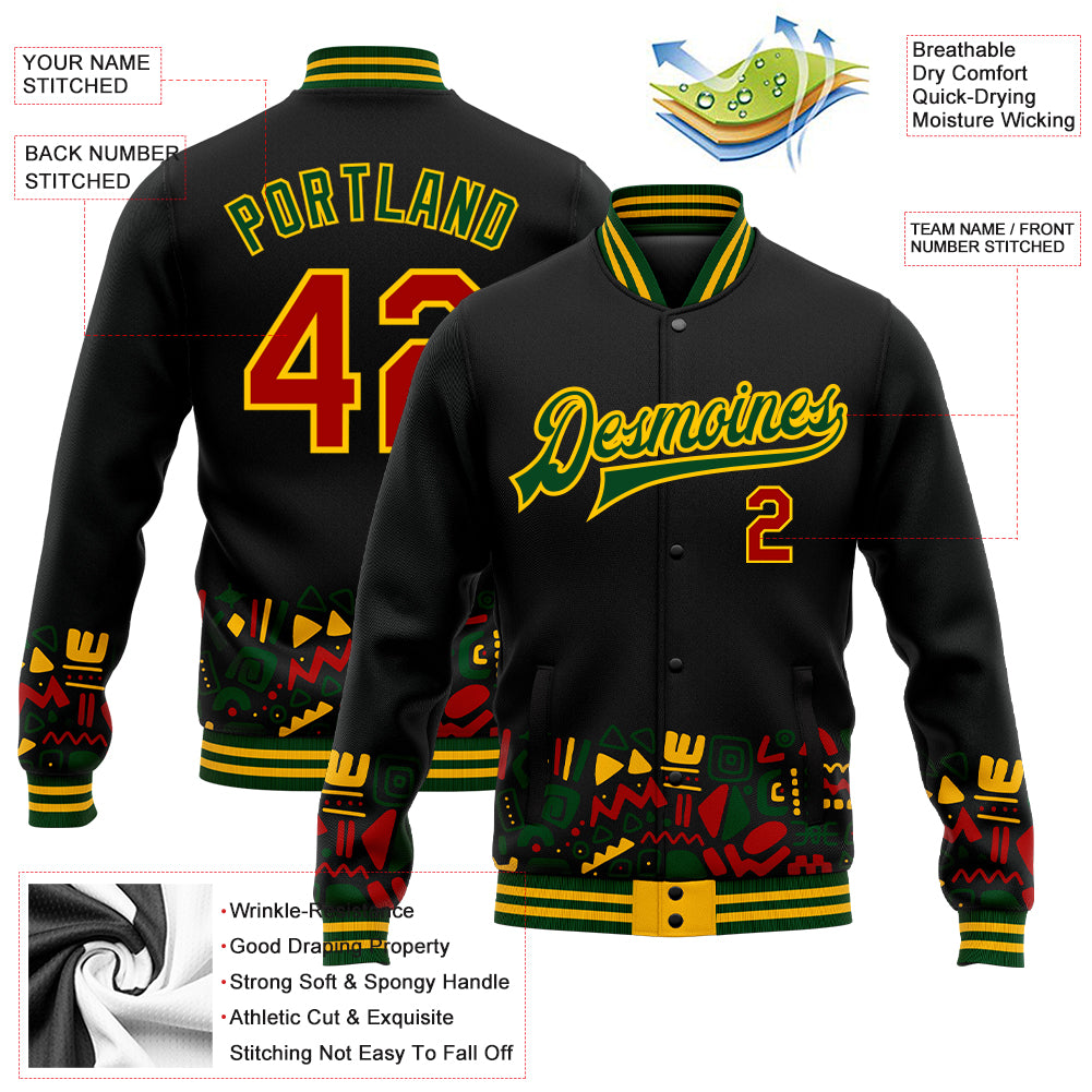 Custom Black Red Gold-Green Black History Month 3D Pattern Design Bomber Full-Snap Varsity Letterman Jacket