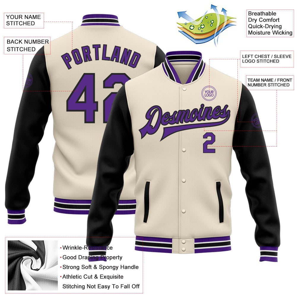 Custom Cream Purple-Black Bomber Full-Snap Varsity Letterman Two Tone Jacket