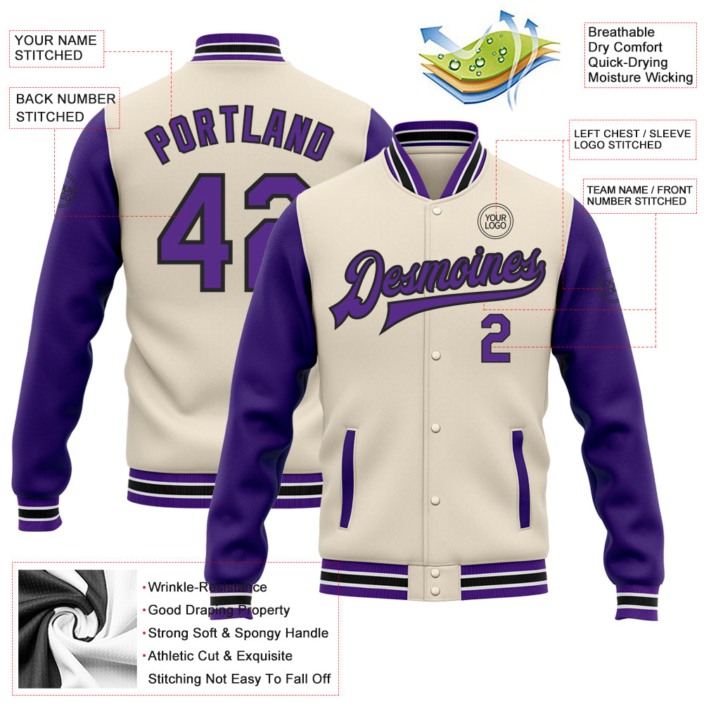 Custom Cream Purple-Black Bomber Full-Snap Varsity Letterman Two Tone Jacket