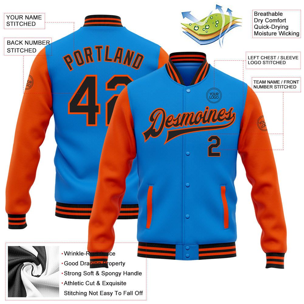 Custom Electric Blue Black-Orange Bomber Full-Snap Varsity Letterman Two Tone Jacket