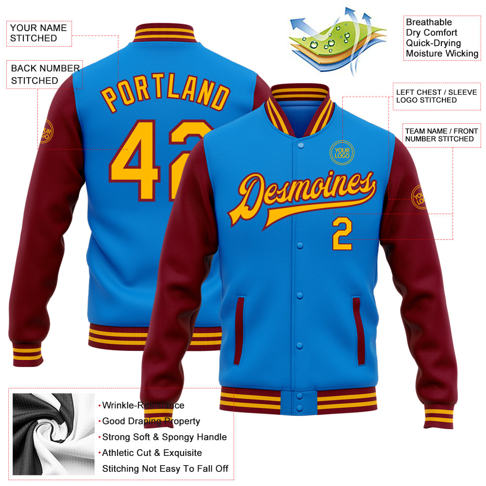 Custom Electric Blue Gold-Crimson Bomber Full-Snap Varsity Letterman Two Tone Jacket