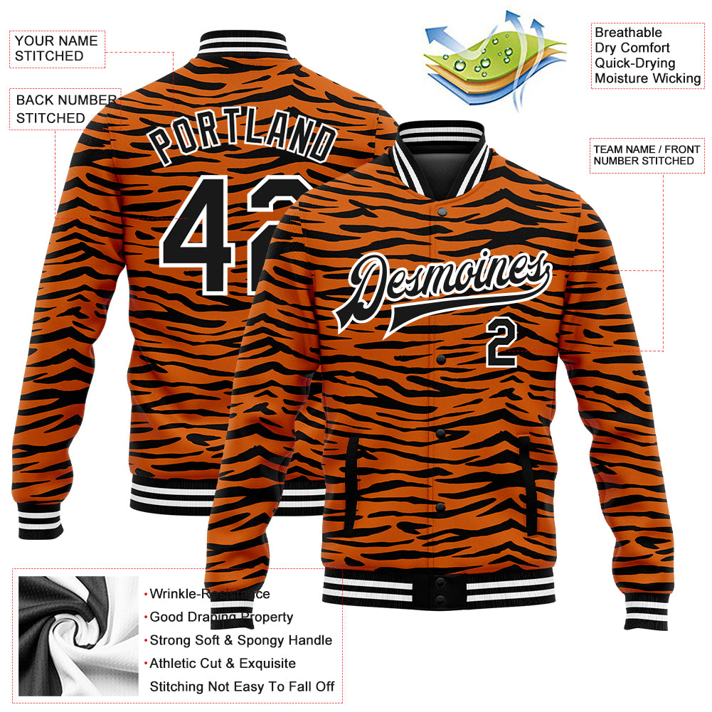 Custom Orange Black-White Tiger Stripes 3D Pattern Design Bomber Full-Snap Varsity Letterman Jacket