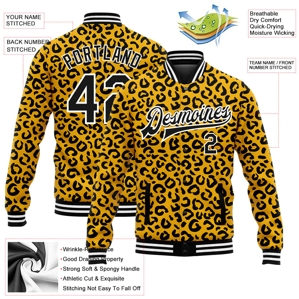 Custom Gold Black-White Leopard Print 3D Pattern Design Bomber Full-Snap Varsity Letterman Jacket