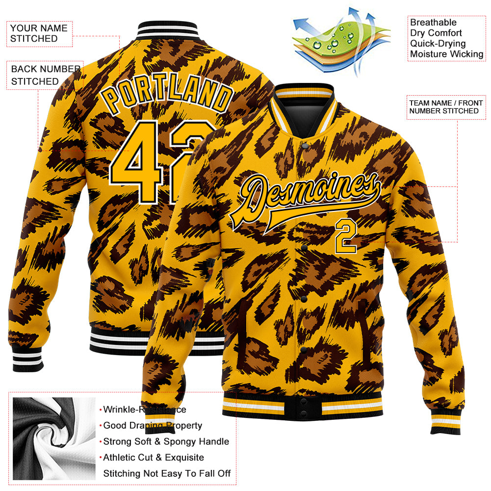 Custom Gold Black-White Leopard Print 3D Pattern Design Bomber Full-Snap Varsity Letterman Jacket