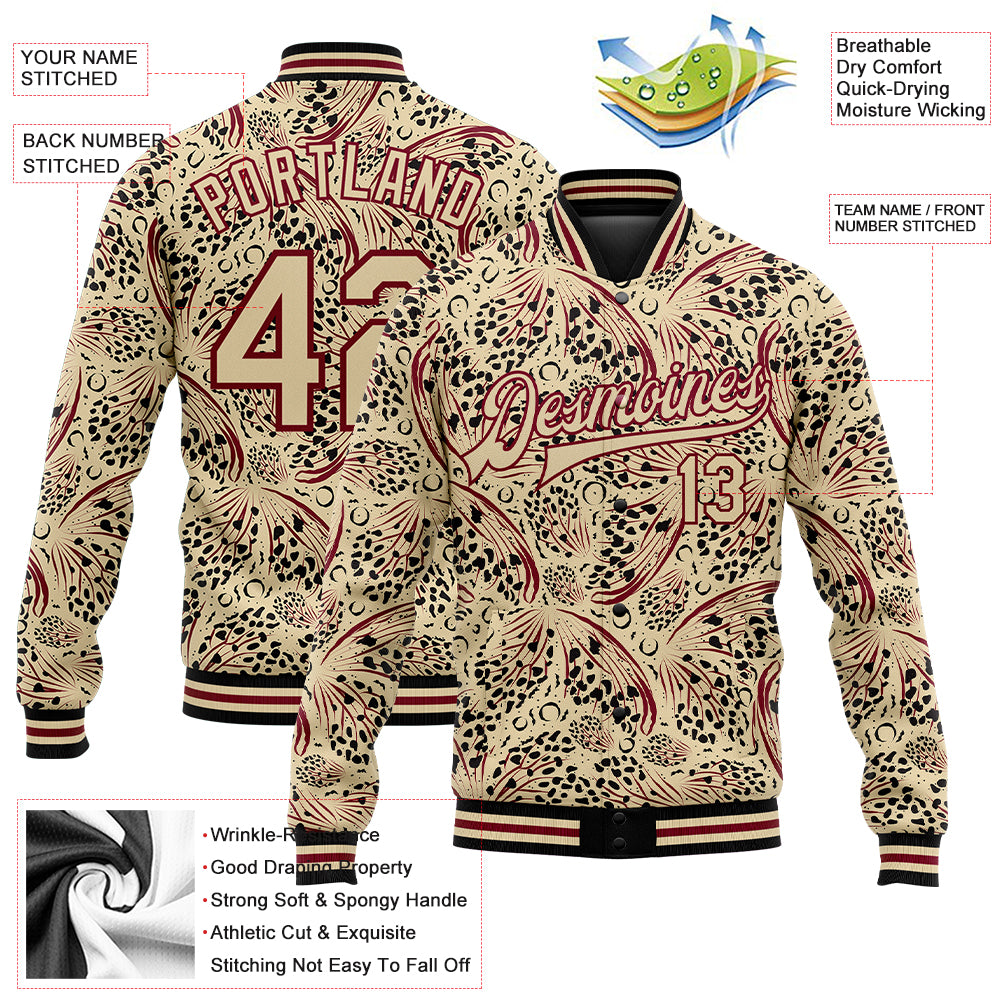 Custom City Cream Crimson-Black Animal Print 3D Pattern Design Bomber Full-Snap Varsity Letterman Jacket