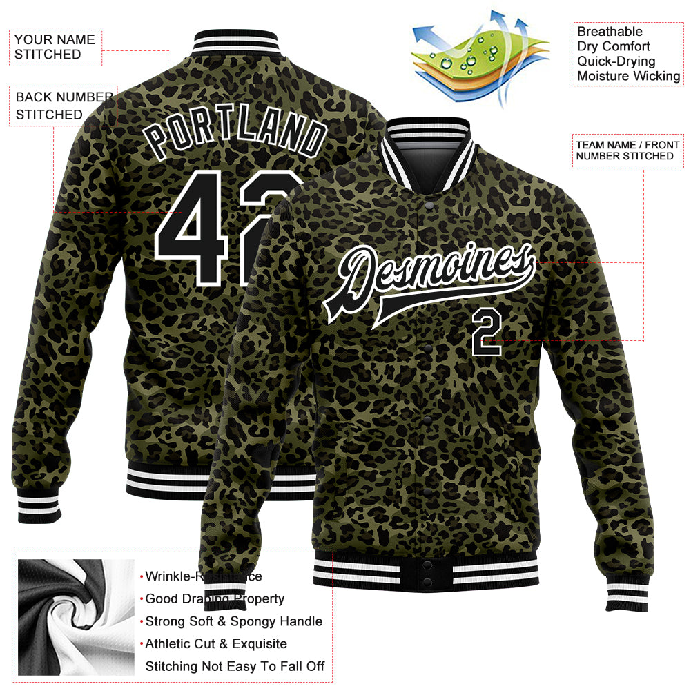 Custom Camo Black-White Leopard Print 3D Pattern Design Bomber Full-Snap Varsity Letterman Salute To Service Jacket