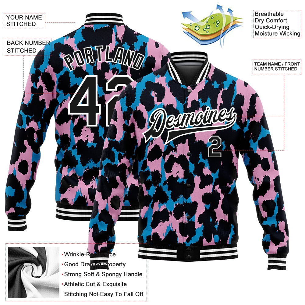 Custom Light Pink Black-White Leopard Print 3D Pattern Design Bomber Full-Snap Varsity Letterman Jacket