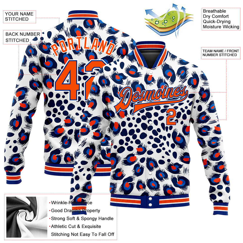 Custom White Orange-Royal Leopard Print 3D Pattern Design Bomber Full-Snap Varsity Letterman Jacket