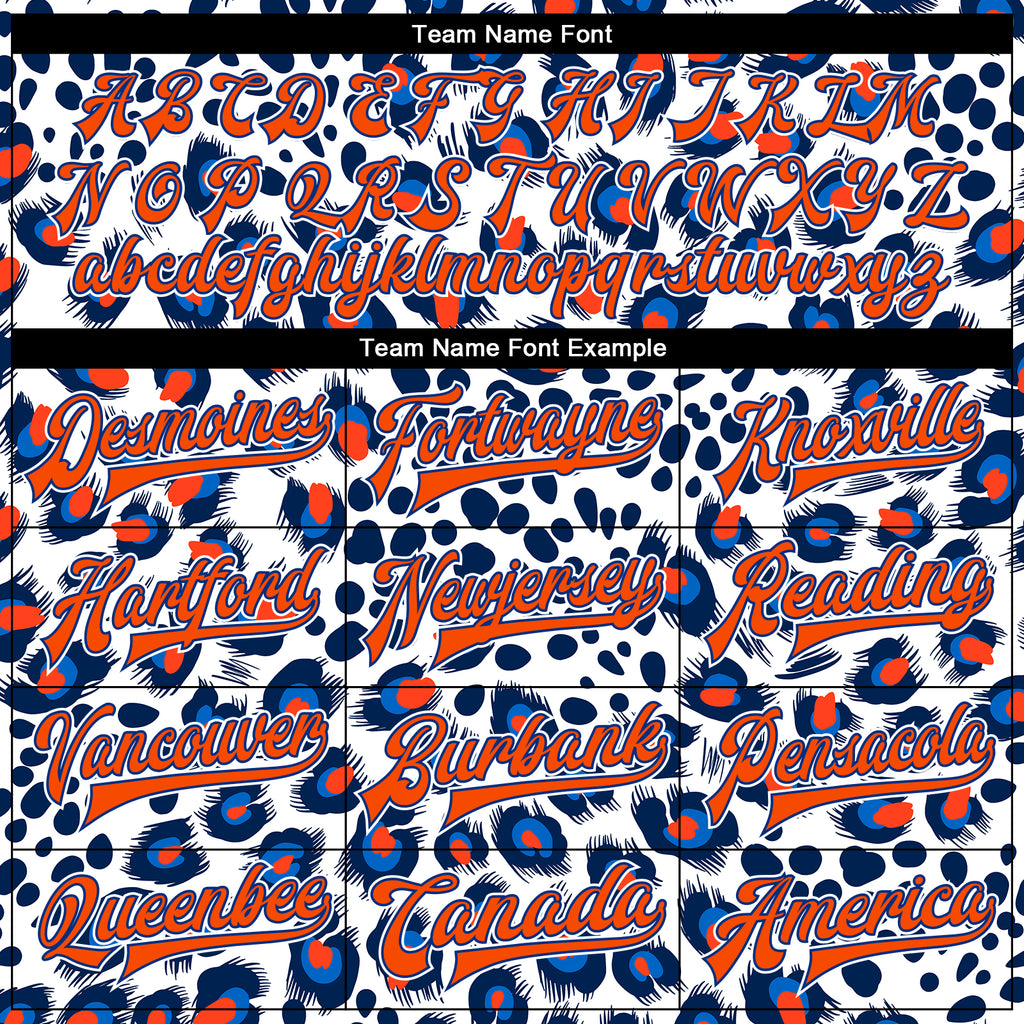 Custom White Orange-Royal Leopard Print 3D Pattern Design Bomber Full-Snap Varsity Letterman Jacket