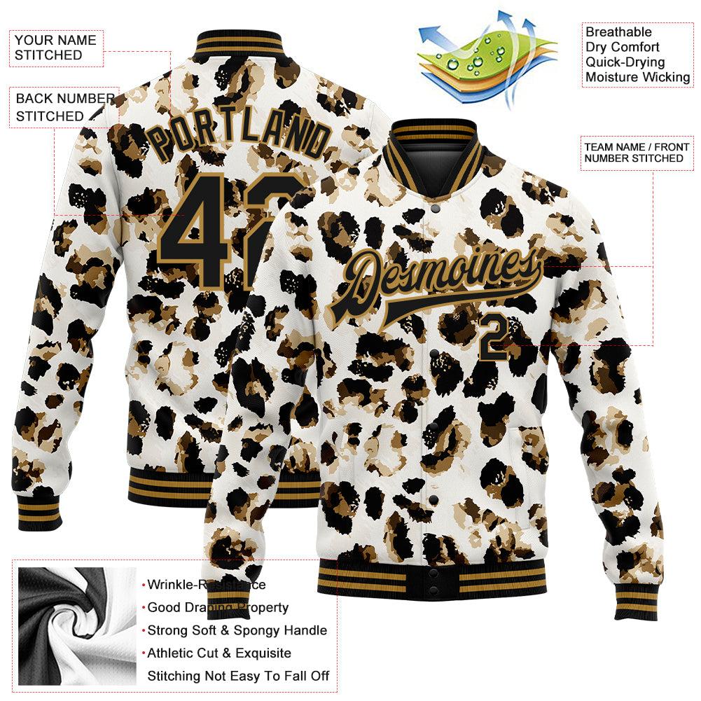 Custom White Black-Old Gold Leopard Print 3D Pattern Design Bomber Full-Snap Varsity Letterman Jacket