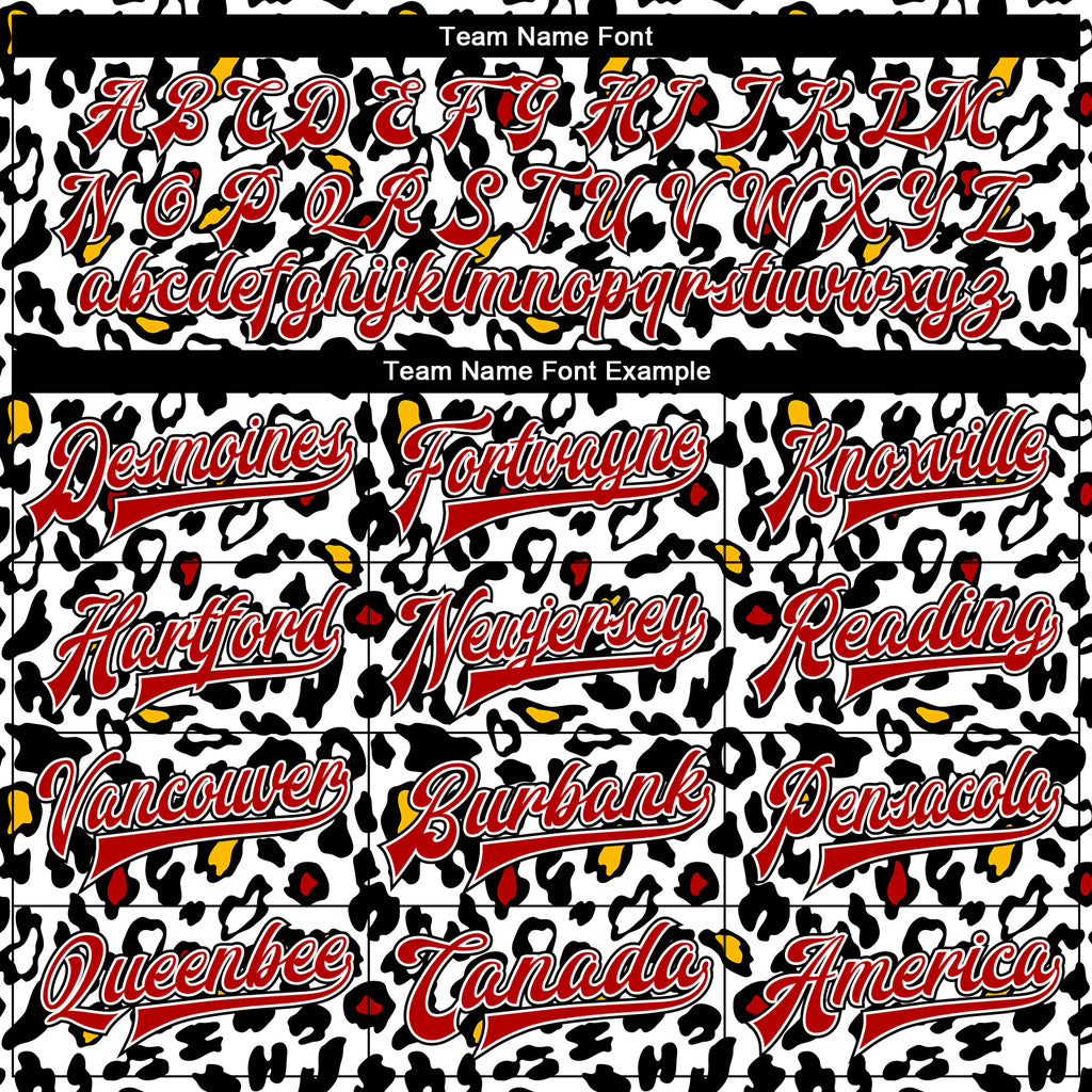 Custom White Red-Black Bright Leopard Print 3D Pattern Design Bomber Full-Snap Varsity Letterman Jacket