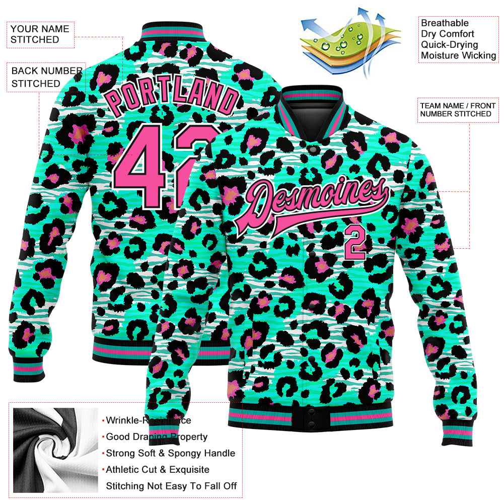 Custom aqua pink-black leopard print 3D pattern design bomber full-snap varsity letterman jacket with free shipping4