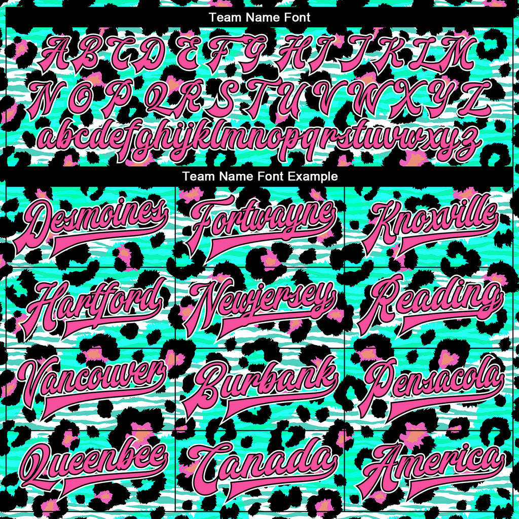 Custom aqua pink-black leopard print 3D pattern design bomber full-snap varsity letterman jacket with free shipping3