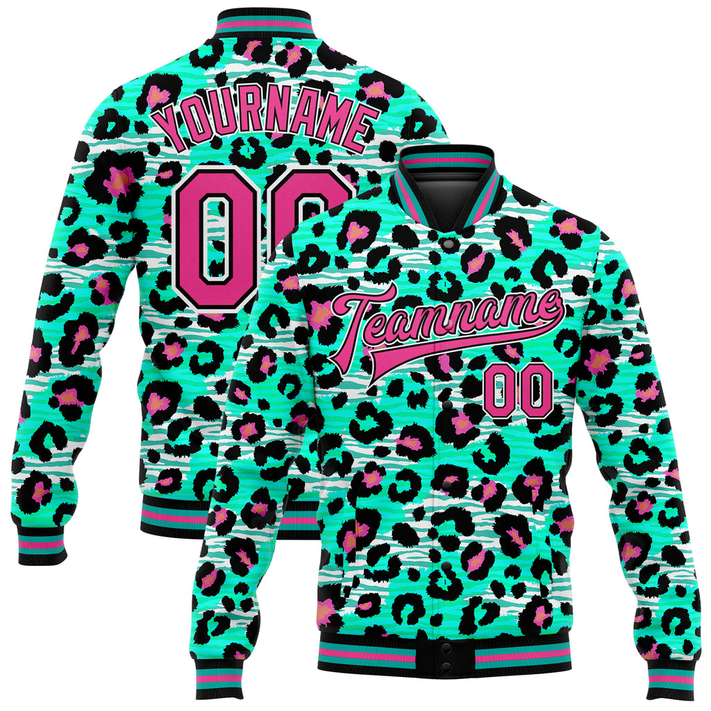 Custom aqua pink-black leopard print 3D pattern design bomber full-snap varsity letterman jacket with free shipping0