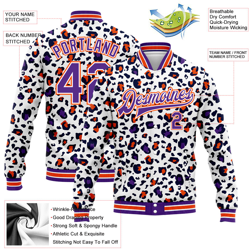 Custom White Purple-Orange Leopard Print 3D Pattern Design Bomber Full-Snap Varsity Letterman Jacket