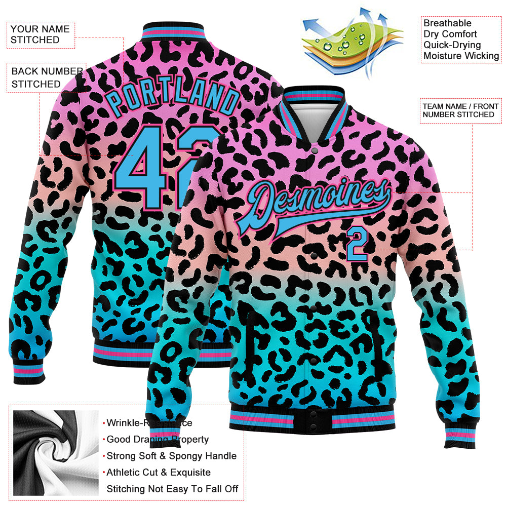 Custom Pink Sky Blue-Black Leopard Print 3D Pattern Design Bomber Full-Snap Varsity Letterman Jacket