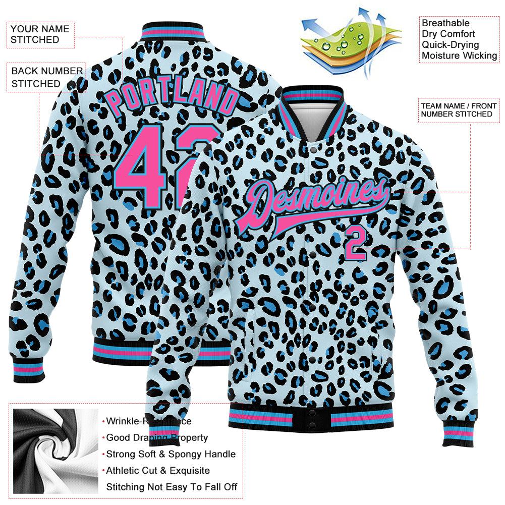 Custom Sky Blue Pink-Black Leopard Print 3D Pattern Design Bomber Full-Snap Varsity Letterman Jacket