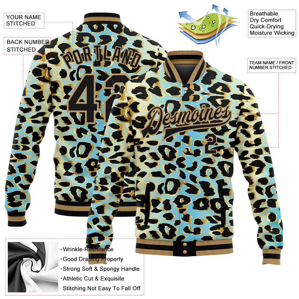 Custom Sky Blue Black-Old Gold Leopard Print 3D Pattern Design Bomber Full-Snap Varsity Letterman Jacket