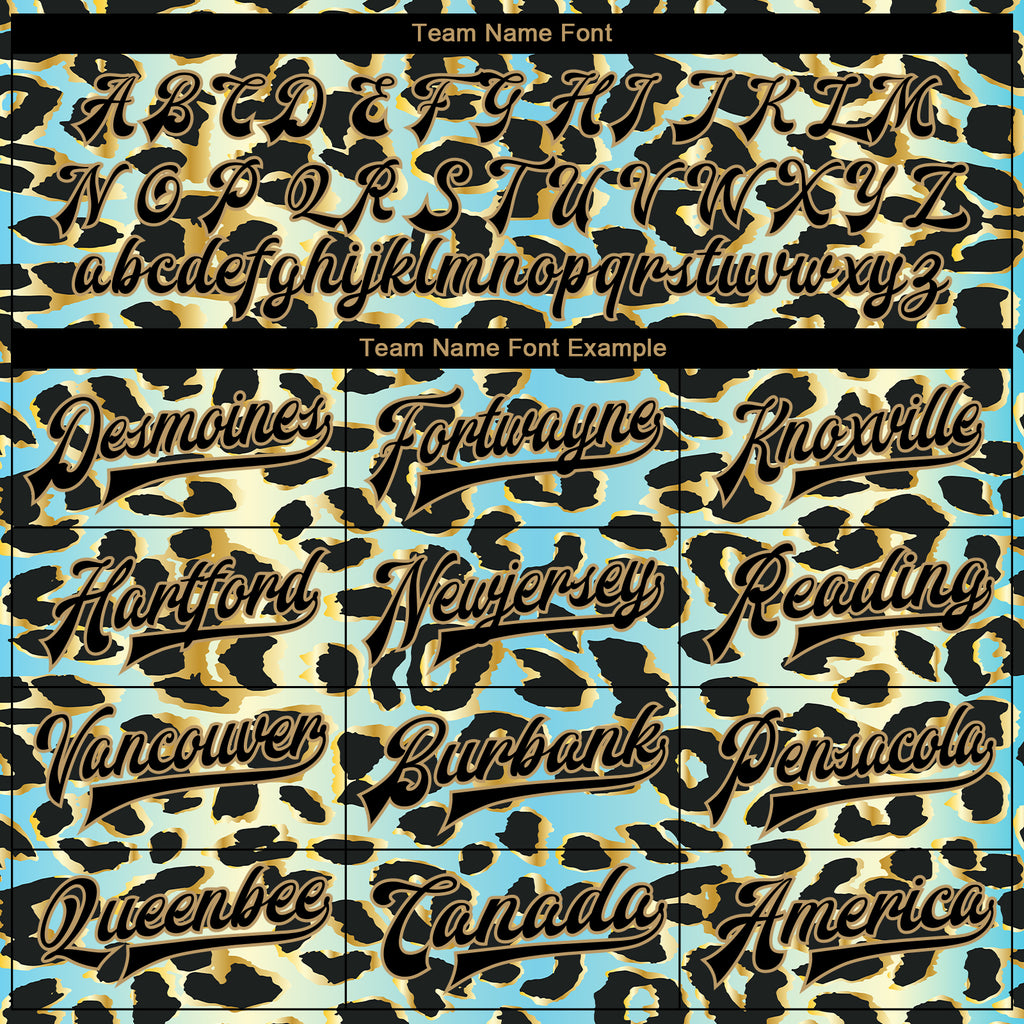 Custom Sky Blue Black-Old Gold Leopard Print 3D Pattern Design Bomber Full-Snap Varsity Letterman Jacket