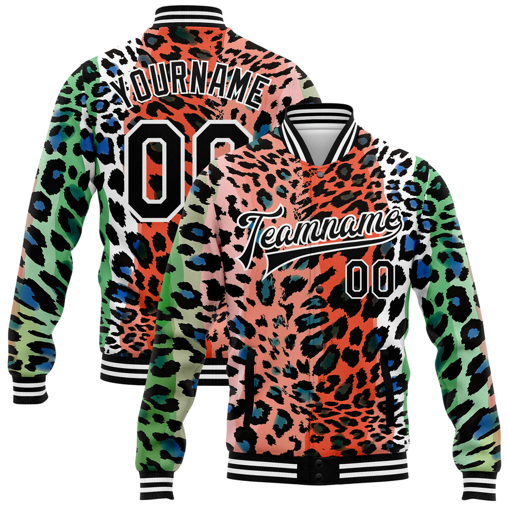 Custom Orange Black-White Leopard Print 3D Pattern Design Bomber Full-Snap Varsity Letterman Jacket