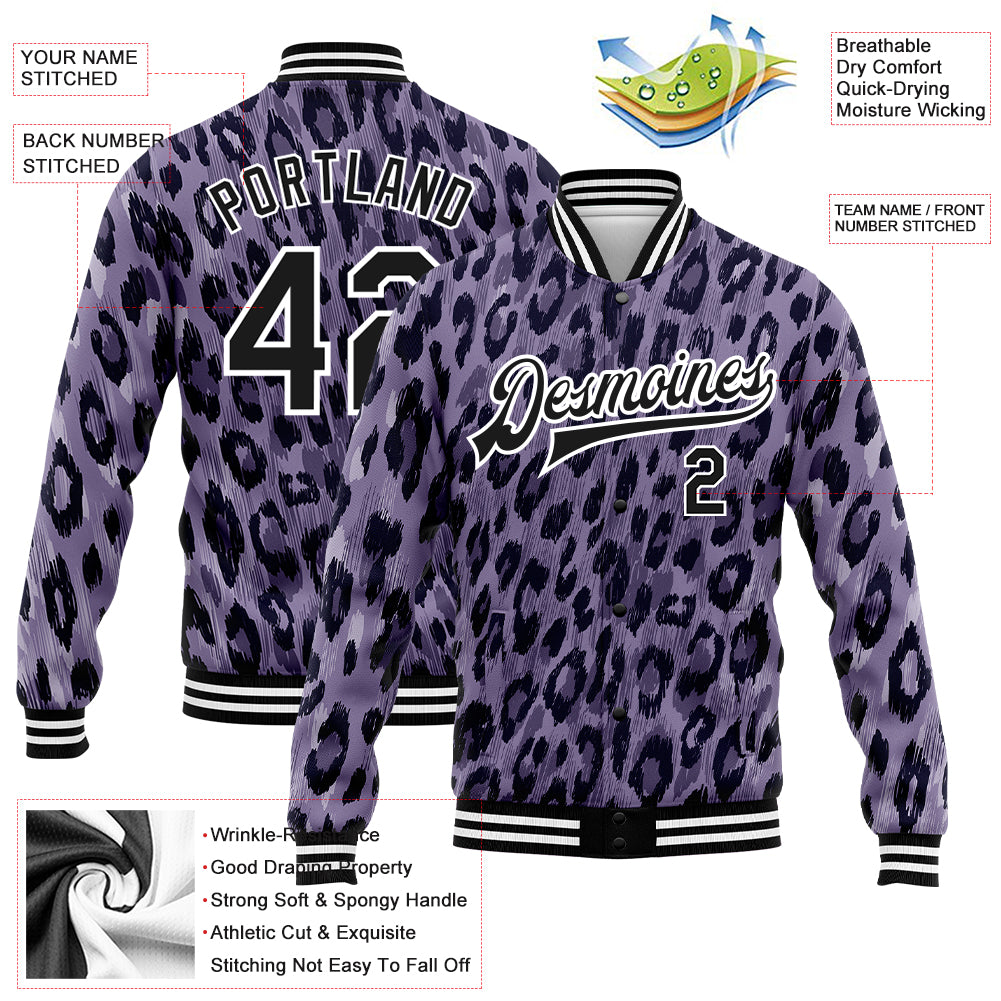 Custom Purple Black-White Leopard Print 3D Pattern Design Bomber Full-Snap Varsity Letterman Jacket