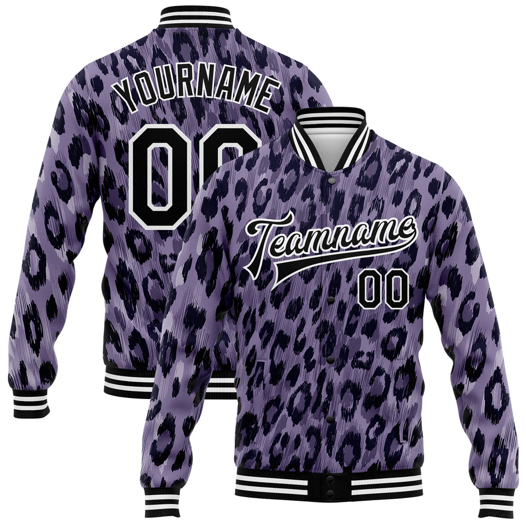 Custom Purple Black-White Leopard Print 3D Pattern Design Bomber Full-Snap Varsity Letterman Jacket