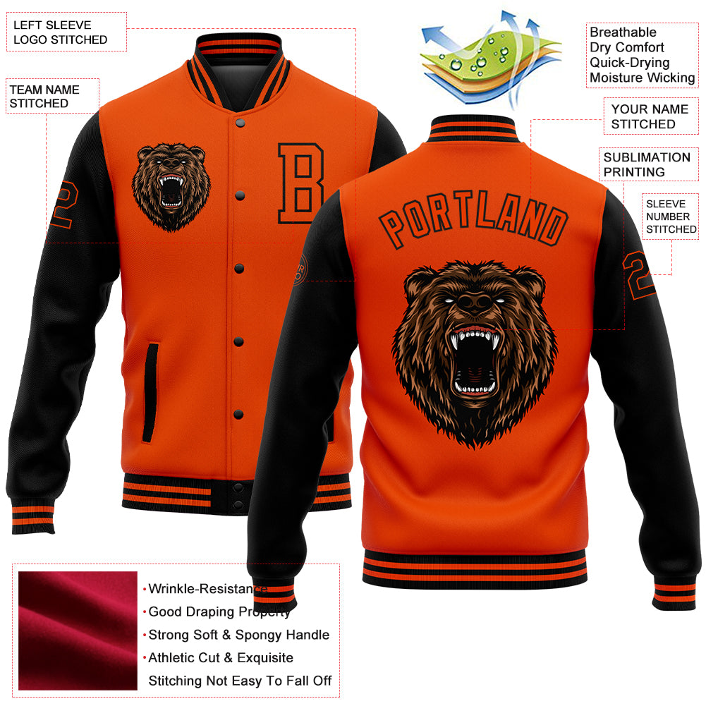 Custom Orange Black 3D Pattern Design Bomber Full-Snap Varsity Letterman Jacket