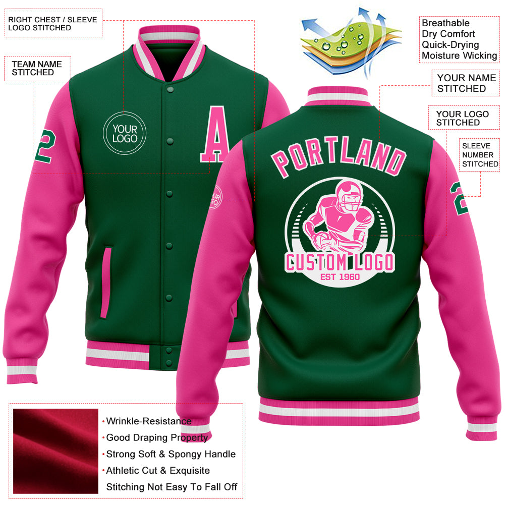 Custom Kelly Green Pink-White Bomber Full-Snap Varsity Letterman Two Tone Jacket