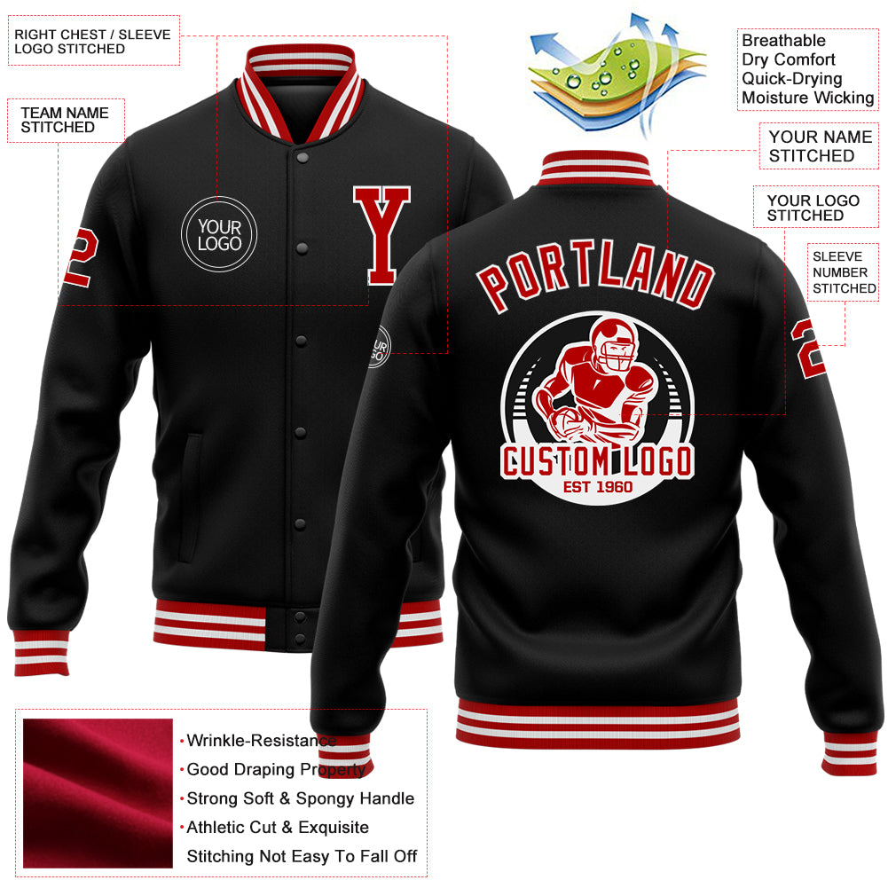 Custom Black Red-White Bomber Full-Snap Varsity Letterman Jacket