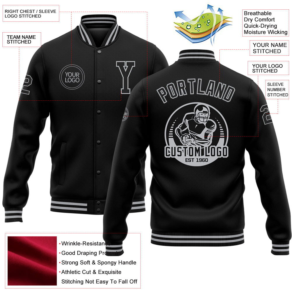 Custom Black Gray Bomber Full-Snap Varsity Letterman Jacket