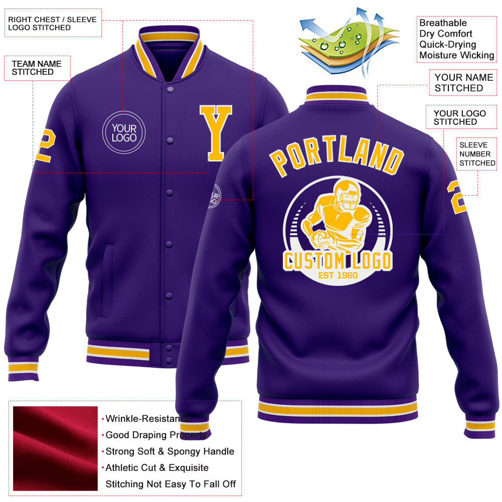 Custom Purple Gold-White Bomber Full-Snap Varsity Letterman Jacket