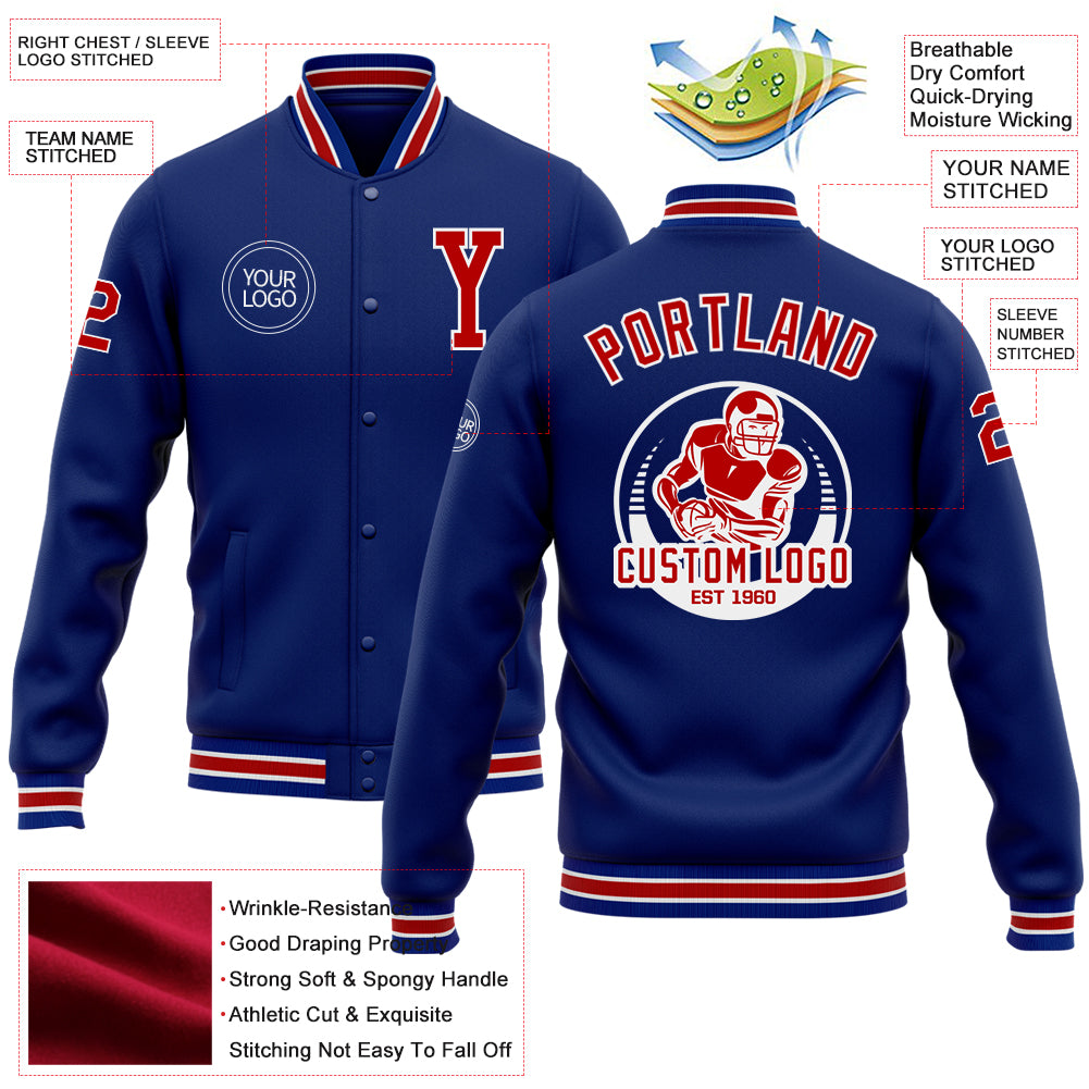 Custom Royal Red-White Bomber Full-Snap Varsity Letterman Jacket