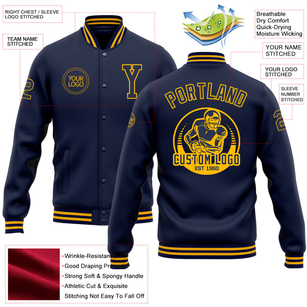 Custom Navy Gold Bomber Full-Snap Varsity Letterman Jacket