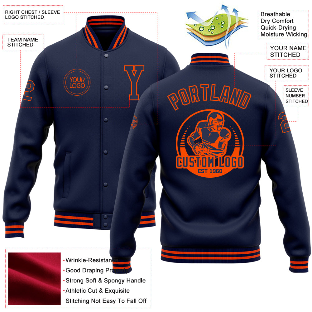Custom Navy Orange Bomber Full-Snap Varsity Letterman Jacket
