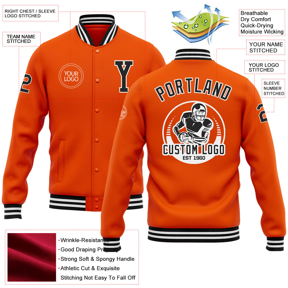 Custom Orange Black-White Bomber Full-Snap Varsity Letterman Jacket