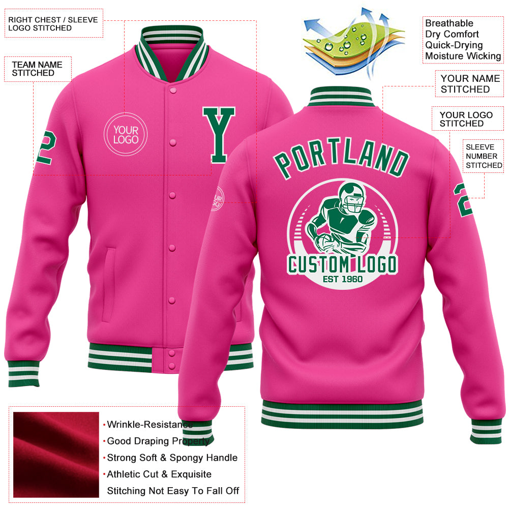 Custom Pink Kelly Green-White Bomber Full-Snap Varsity Letterman Jacket