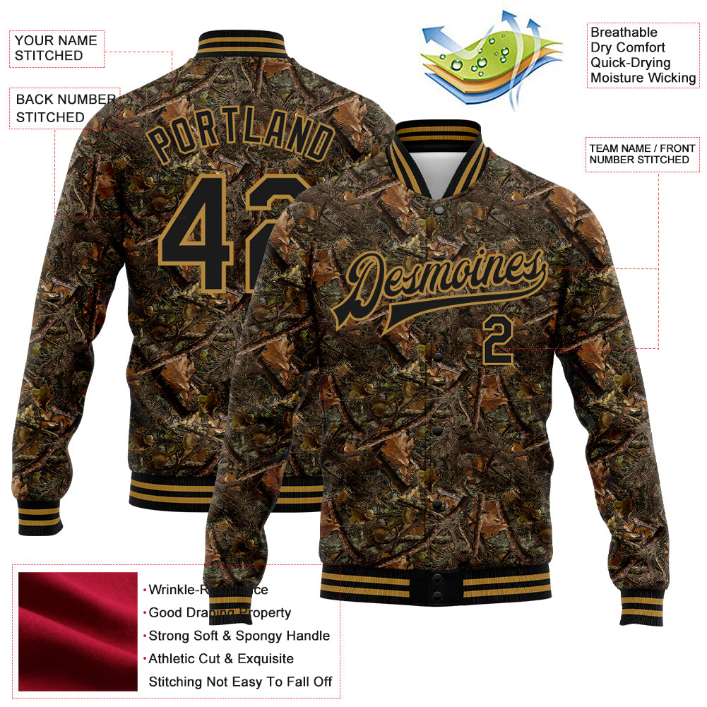 Custom Camo Black-Old Gold Realistic Forest Camouflage 3D Bomber Full-Snap Varsity Letterman Salute To Service Jacket